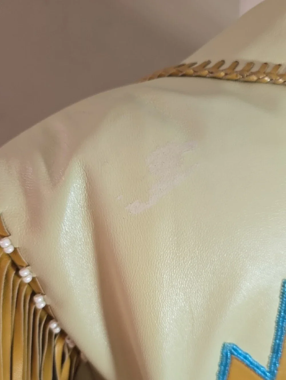 Fringed Pale Yellow Faux Leather Jacket with Turquoise Trim - Picture 6 of 15